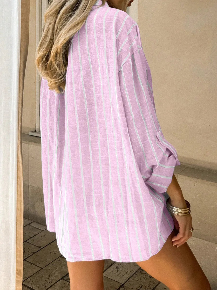 2026 Casual Loose Striped Shirts for Women Spring Summer Fashion Vintage Lapel Long Sleeve Tops Ladies Elegant Versatile Blouses