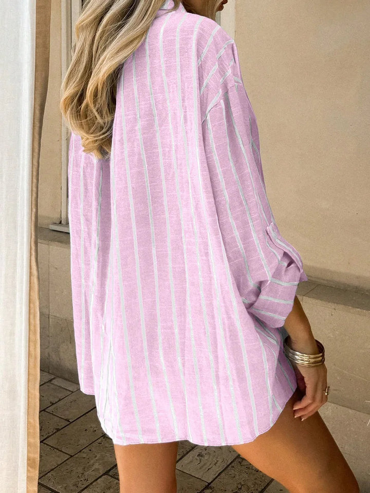 2026 Casual Loose Striped Shirts for Women Spring Summer Fashion Vintage Lapel Long Sleeve Tops Ladies Elegant Versatile Blouses