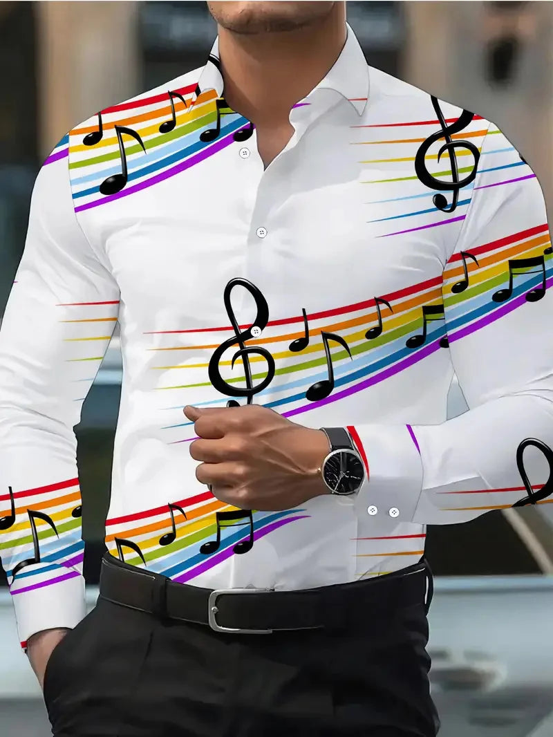 Men's Shirt Spring Autumn New Long Sleeve Shirt Music Flip-over Hawaiian Shirt Fashion Design Elements Flowers