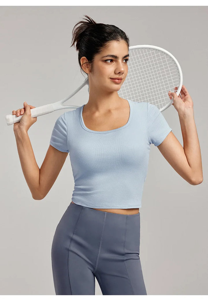 High-End Yoga Top for Women Summer Fitted Sports Short-Sleeve T-shirt Breathable Anti-Slip Cup Design