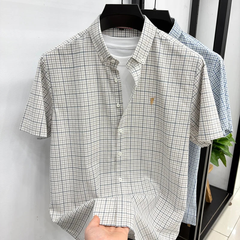 Short Sleeved Shirt for Men in Summer, Thin Design for Men, High-end Checkered Embroidered Shirt, Pure Cotton Top