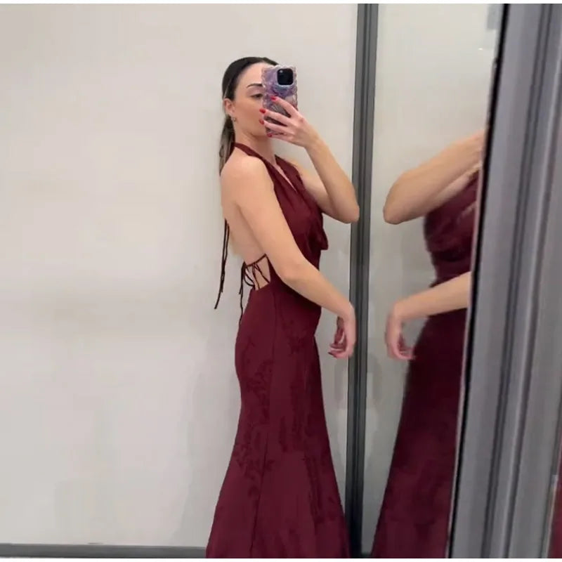 Women’s 2026 Vintage Red Lace-Up Dress – Sleeveless Deep V Neck Elegant Party Gown