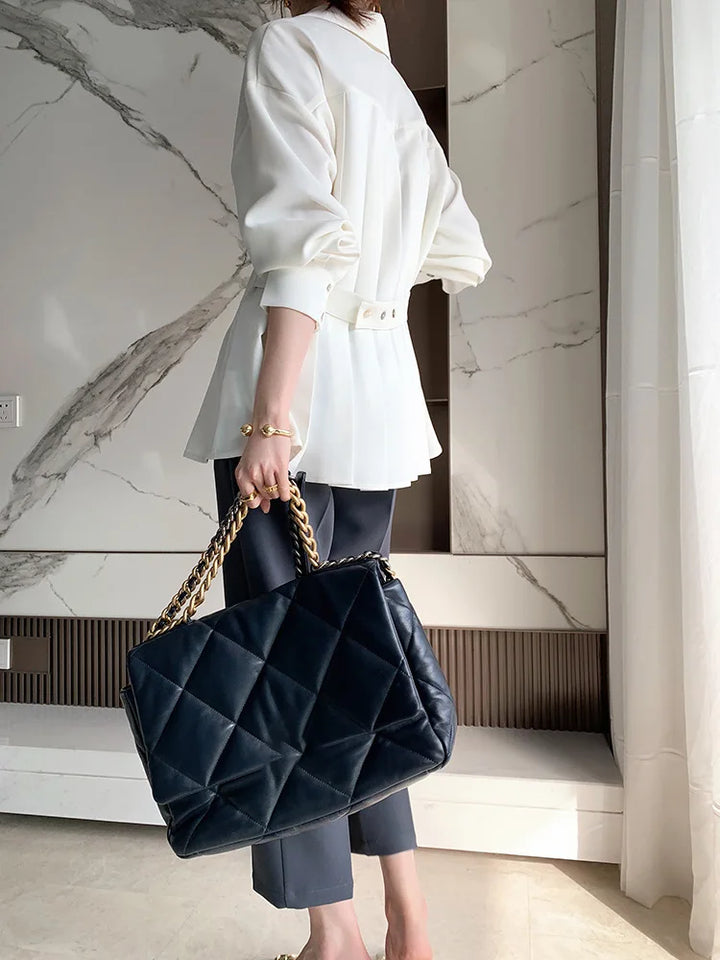 Elegant Women Shirts Woman Waist Long Sleeve Lapel Single Breasted Sashe Shirt Office Lady Business Pleated Ruched Blouses Tops