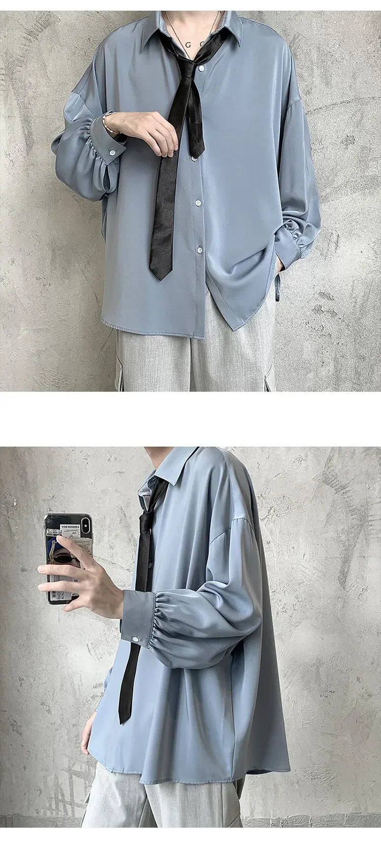 Korean Style Men's Long-sleeved Shirts Black Tie Cozy Casual Solid Oversize Blouses Breathable Loose Shirt Harajuku Male Clothes