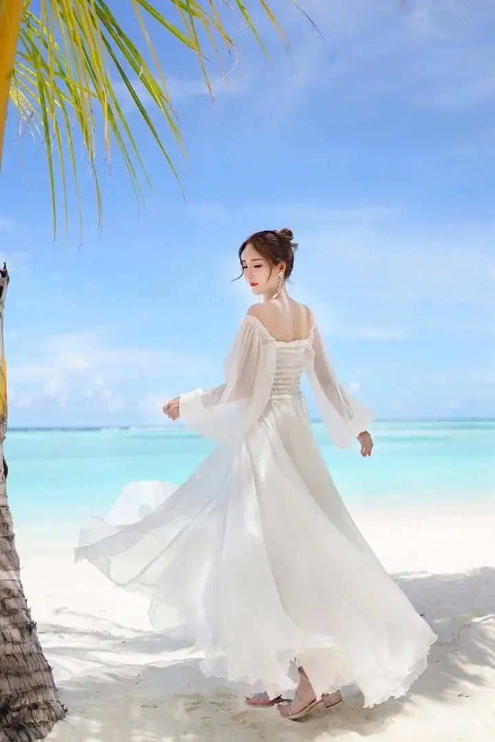 Dresses for Women Summer New Chiffon off-Shoulder Dress White Dress Vestido De Mujer