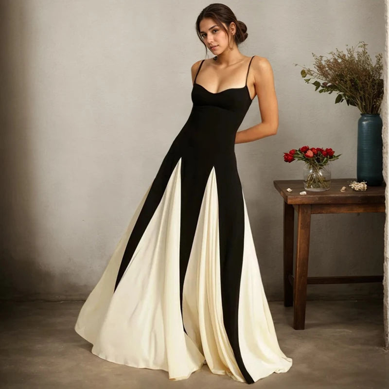 Women Evening Dress Fashion Elegant Royal Sister Slim Black And White Contrast Color Strap Dress Sexy V-Neck High Waist Dresses