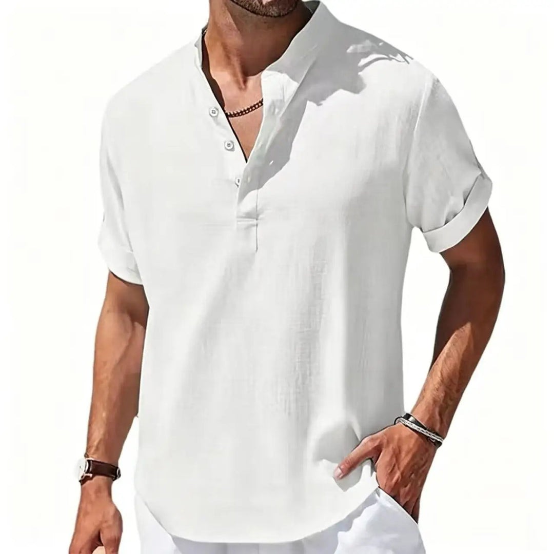 Summer Men's Short Sleeve Shirts Solid Color Stand Up Collar T Shirts Loose Casual Beach Shirt Breathable Male Linen Tops