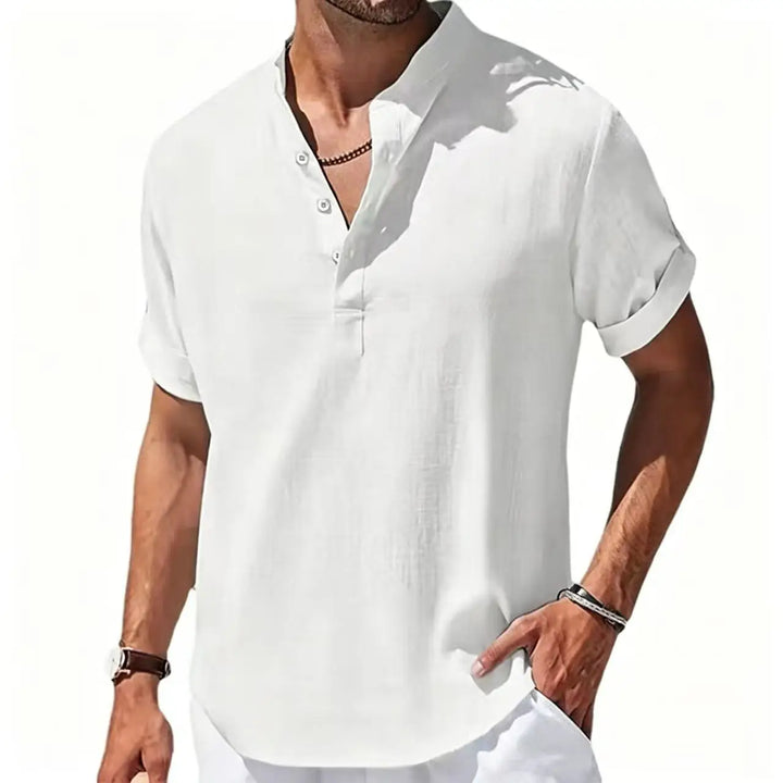 Summer Men's Short Sleeve Shirts Solid Color Stand Up Collar T Shirts Loose Casual Beach Shirt Breathable Male Linen Tops