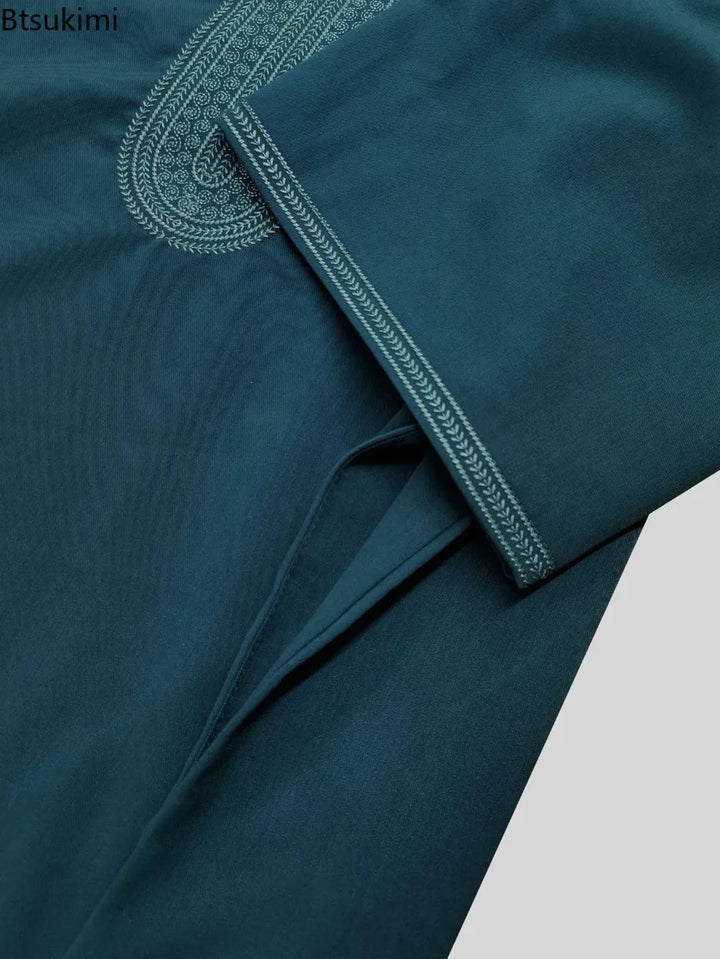 Middle East Kaftan Men's Muslim Fashion Abayas Short Sleeve Casual Robe Breathable Ethnic Style Embroidered Men Moroccan Thobe
