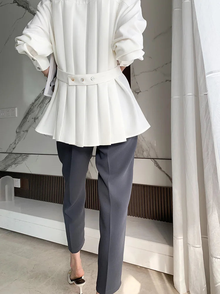 Elegant Women Shirts Woman Waist Long Sleeve Lapel Single Breasted Sashe Shirt Office Lady Business Pleated Ruched Blouses Tops