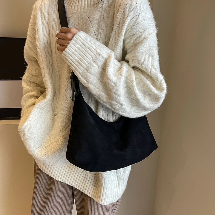 Vintage Women’s Suede Handbag – Designer Crescent Hobo Crossbody Bag