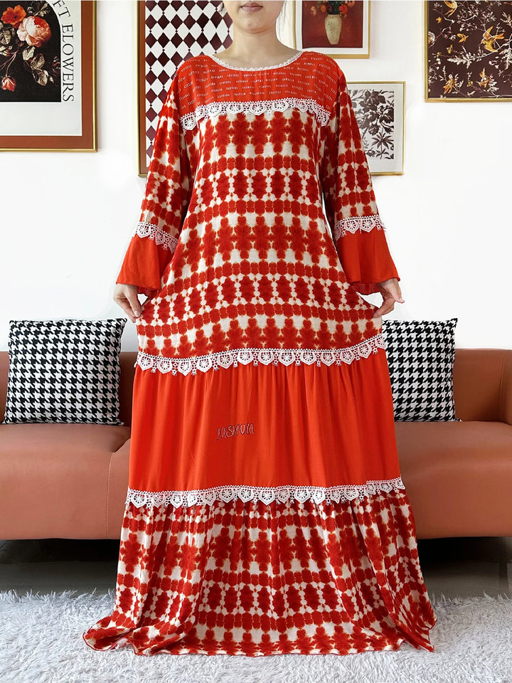 High Quality Women Party Kashkha Abaya Wave Floral Cotton Abaya African Boubou Muslim Loose Kaftan Maxi Dress with Big Shawls