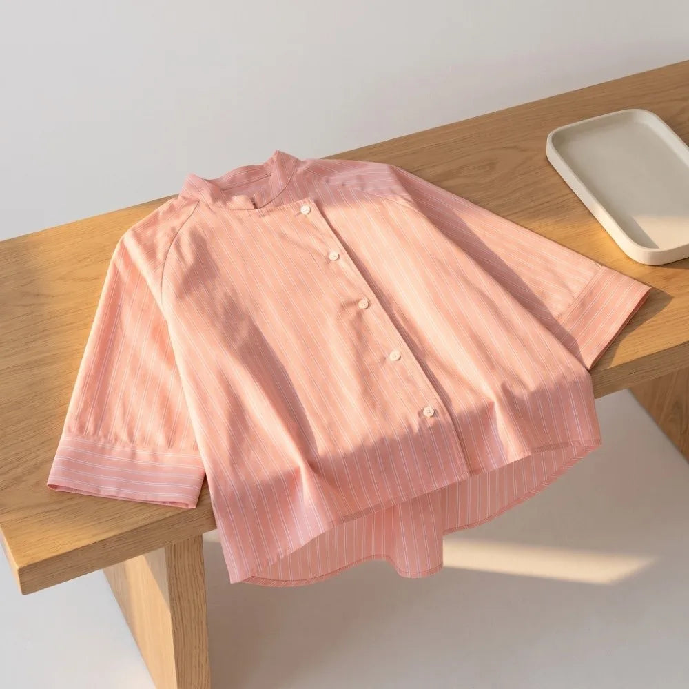 Striped Loose Striped Shirt Elegant Mid Sleeve Button Tops European American Style Asymmetric Casual Blouse for Woman