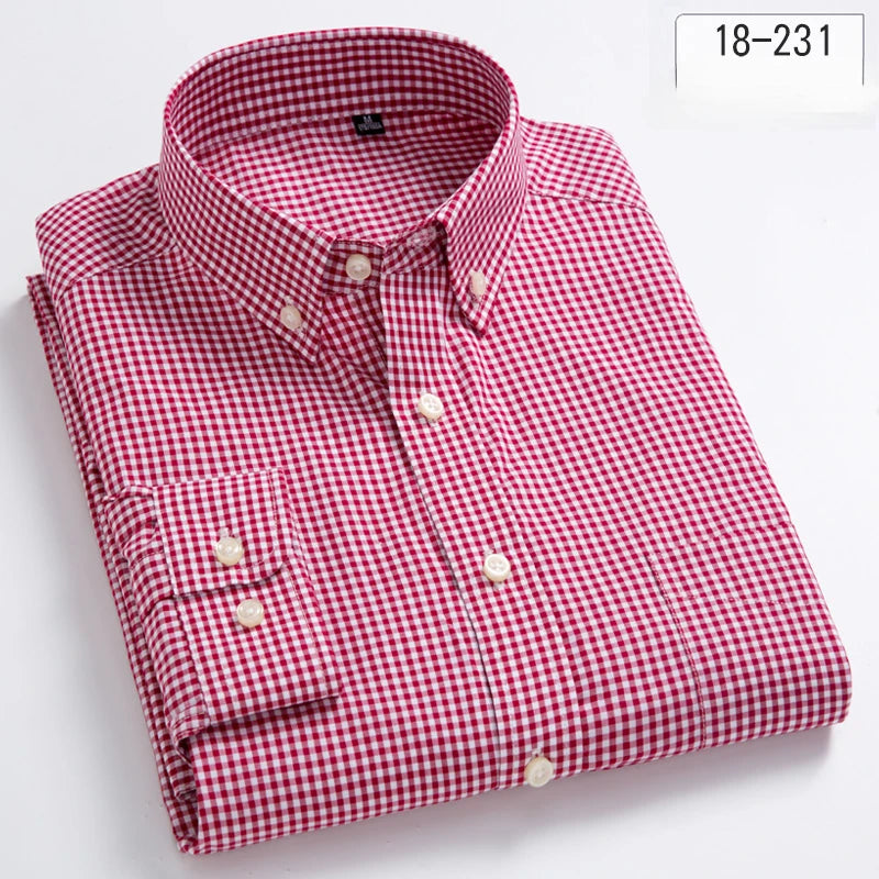 New in Shirt 100% Cotton Long-Sleeve Shirts for Men Slim Fit Plain Shirt Thin Plaid Striped Tops Fashion Elegants Office Clothes
