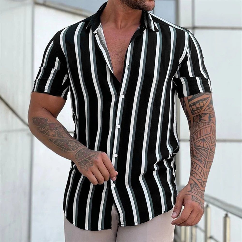 Men's Shirts Striped Shirts 3D Hawaiian Button Short Sleeve Plaid Red Top Beach Wear Black and White Shirt Men's Clothing
