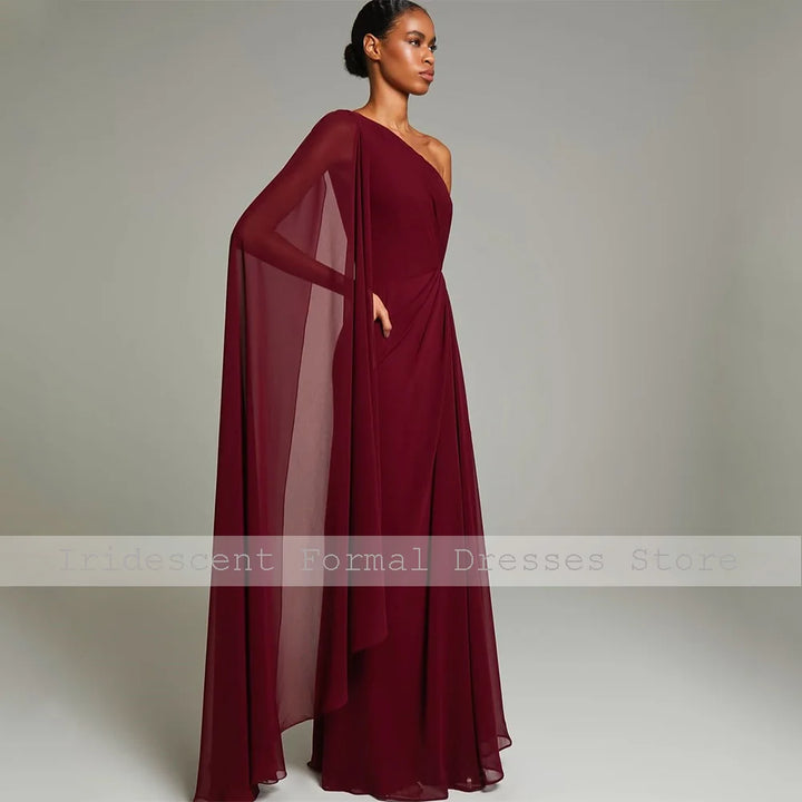 Women's Evening Dresses Burgundy Chiffon Draped One Shoulder Evening Gowns Long Pleat Trumpet/Mermaid Formal Party Dress 2025