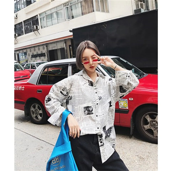 Trendy Shirt Blouse Simple Thin Newspaper Print Shirt Summer Loose Shirt Top Women Solid Color Sun Protection Shirt Streetwear