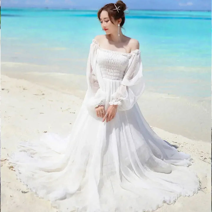 Dresses for Women Summer New Chiffon off-Shoulder Dress White Dress Vestido De Mujer