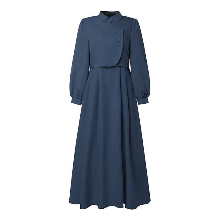 ZANZEA Ramadan Robe Fashion Muslim Dresses Women Elegant Long Sleeve Pleated Sundress Dubai Abaya Casual Kaftan Fake 2 Pieces