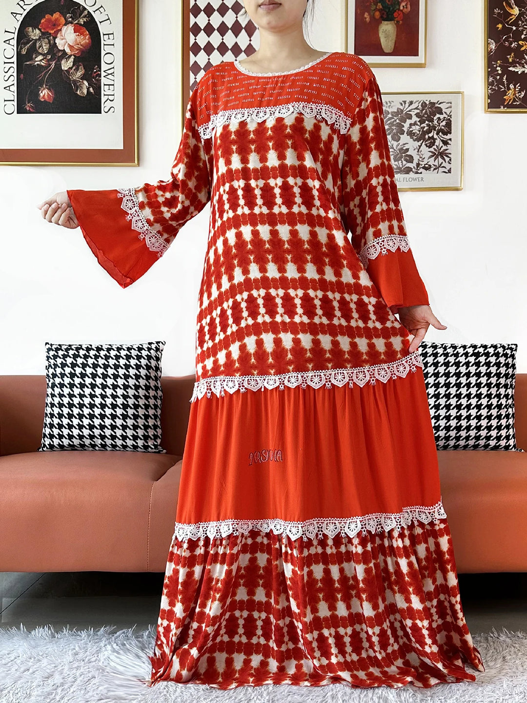 High Quality Women Party Kashkha Abaya Wave Floral Cotton Abaya African Boubou Muslim Loose Kaftan Maxi Dress with Big Shawls