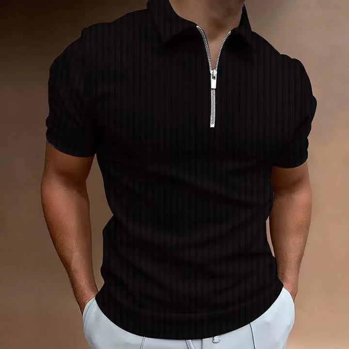 Men Striped Golf Shirt with Quarter Zipper Lapel Casual Holiday Short-Sleeved T-Shirt Fashionable Basic Style Regular Fit Shirt