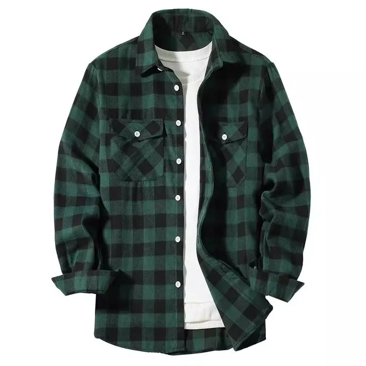 Mens Shirts Fashion Classic Plaid Cardigan Casual Shirt Long Sleeve Chest Two Pockets Turn-Down Collar Spring Autumn Men Tops