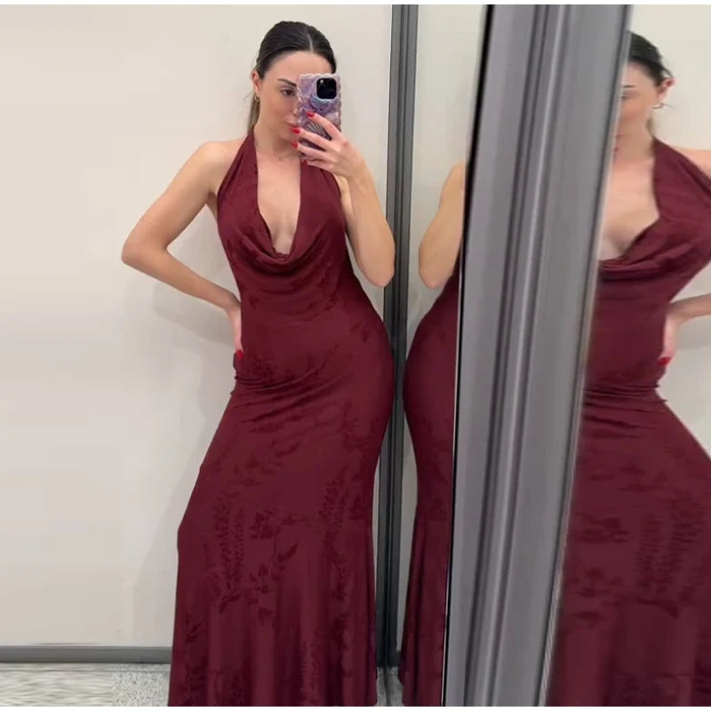 Women’s 2026 Vintage Red Lace-Up Dress – Sleeveless Deep V Neck Elegant Party Gown