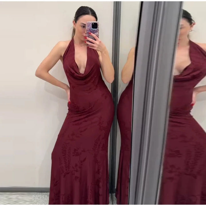 Women’s 2026 Vintage Red Lace-Up Dress – Sleeveless Deep V Neck Elegant Party Gown