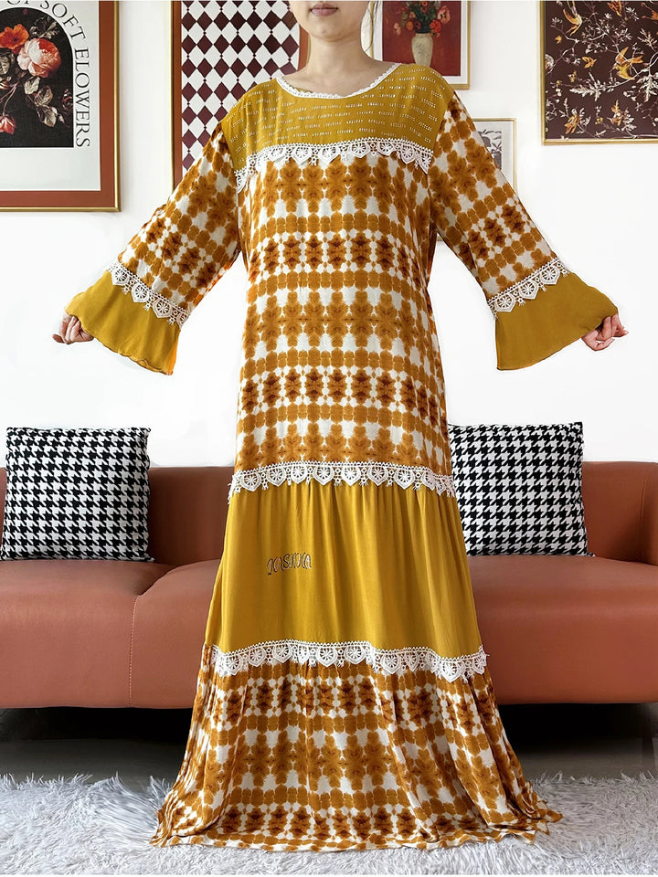High Quality Women Party Kashkha Abaya Wave Floral Cotton Abaya African Boubou Muslim Loose Kaftan Maxi Dress with Big Shawls