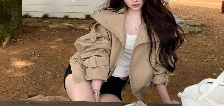 Khaki Standing Collar Short Windbreaker for Women 2025 New High-end Double Breasted Jacket