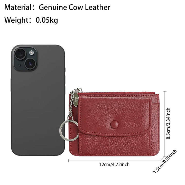 محفظة جلدية نسائية للبطاقات والعملات المعدنية مع سلسلة مفاتيح