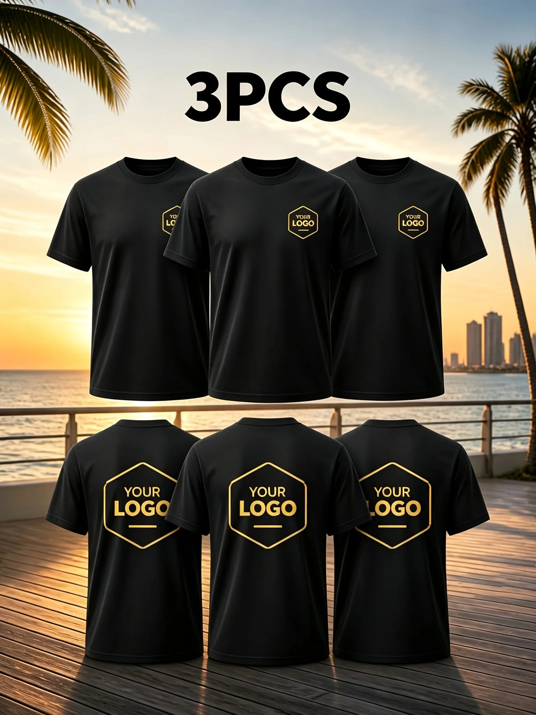 3-Piece Custom Men's T-Shirts, with LOGO/Pattern/Text Available on Both Front and Back. Summer Casual T-Shirts
