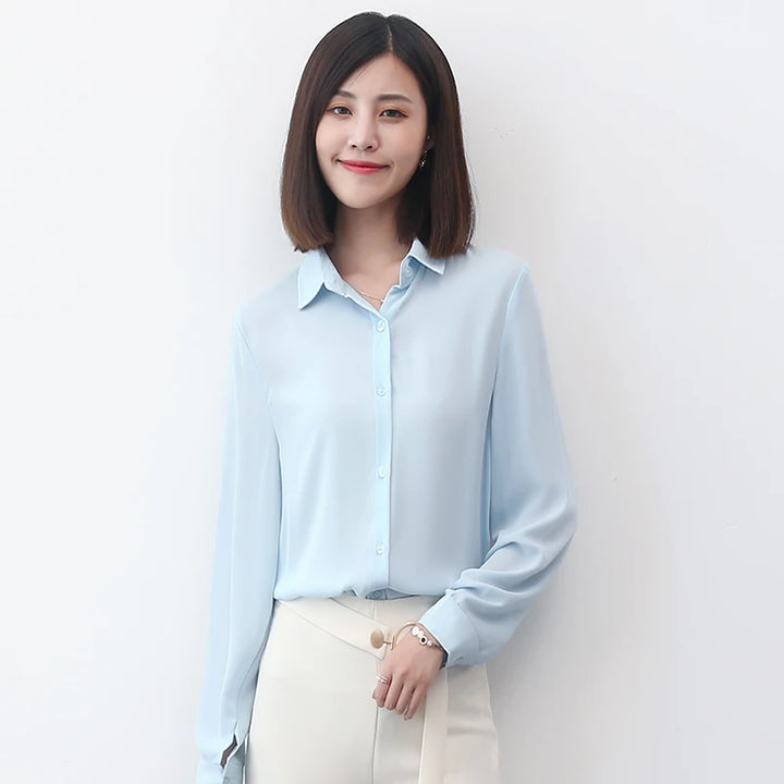 بلوزة شيفون بسيطة للنساء – بلوزة رسمية بأكمام طويلة