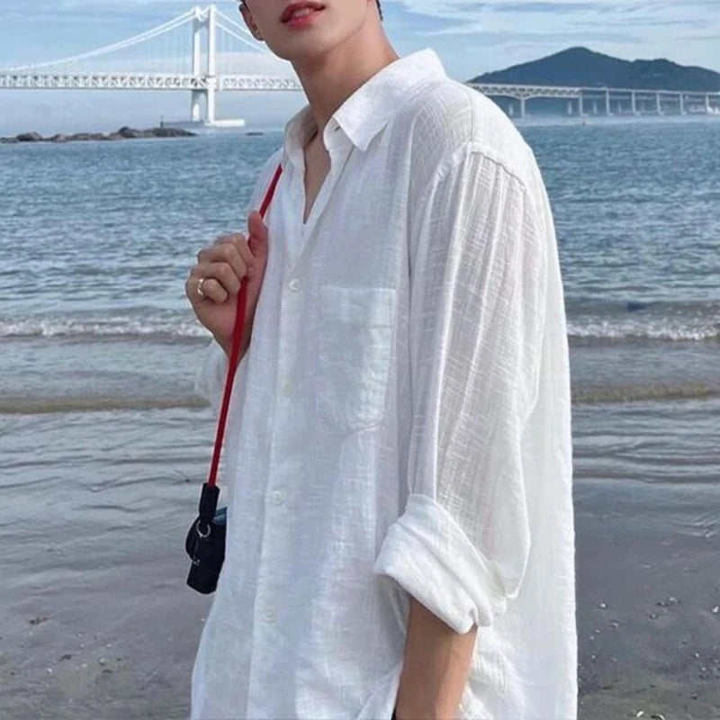 Men's Shirt Premium Thin White Loose Breathable Shirt Loose Long Sleeve Sun Protection Tees Lightweight Vacation Pockets Shirts