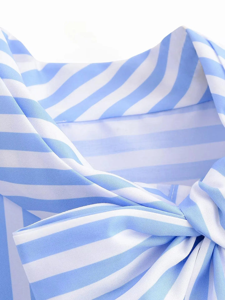 Women's Striped Shirts 2026 Summer Fashion High Neck With Bow Short Sleeve Blouses Casual Female Loose Buttons Tops
