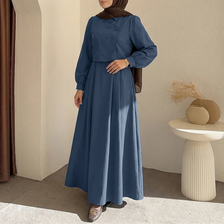ZANZEA Fashion Muslim Dresses Abaya Ramadan Robe Fake 2 Pieces Women Elegant Long Sleeve Pleated Sundress Dubai Casual Kaftan