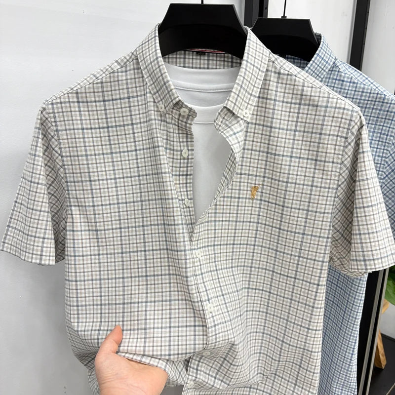 Short Sleeved Shirt for Men in Summer, Thin Design for Men, High-end Checkered Embroidered Shirt, Pure Cotton Top