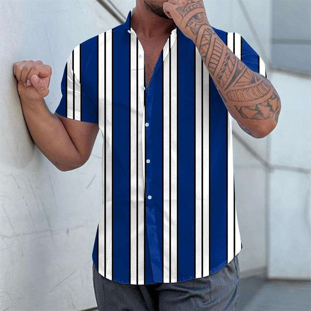 Men's Shirts Striped Shirts 3D Hawaiian Button Short Sleeve Plaid Red Top Beach Wear Black and White Shirt Men's Clothing