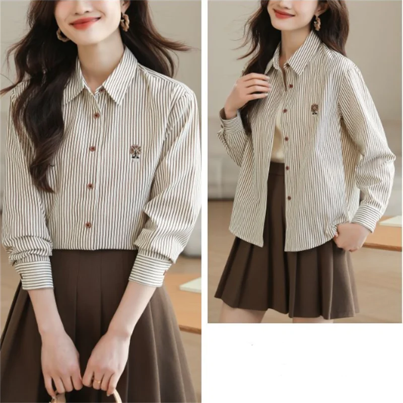 Loose Striped Shirts For Women Embroidered Blouse Spring Autumn Woman Clothes Blous Button Top Fashion Elegant Youth Female Tops