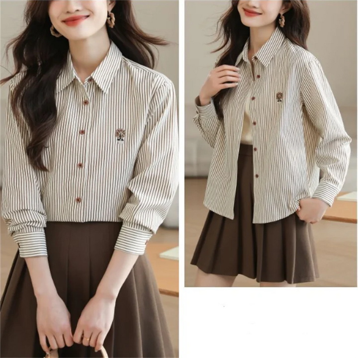 Loose Striped Shirts For Women Embroidered Blouse Spring Autumn Woman Clothes Blous Button Top Fashion Elegant Youth Female Tops