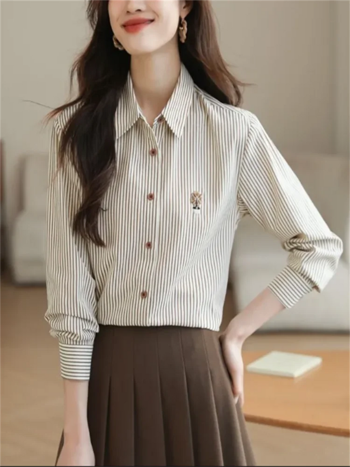 Loose Striped Shirts For Women Embroidered Blouse Spring Autumn Woman Clothes Blous Button Top Fashion Elegant Youth Female Tops