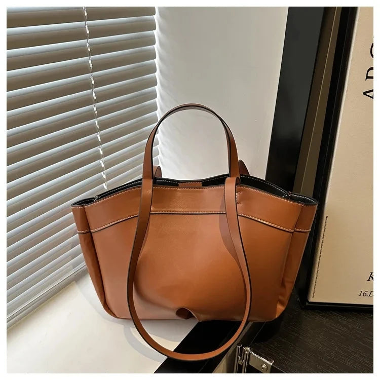 Women’s PU Leather Tote Bag – Large Capacity Vintage Shoulder & Crossbody Purse