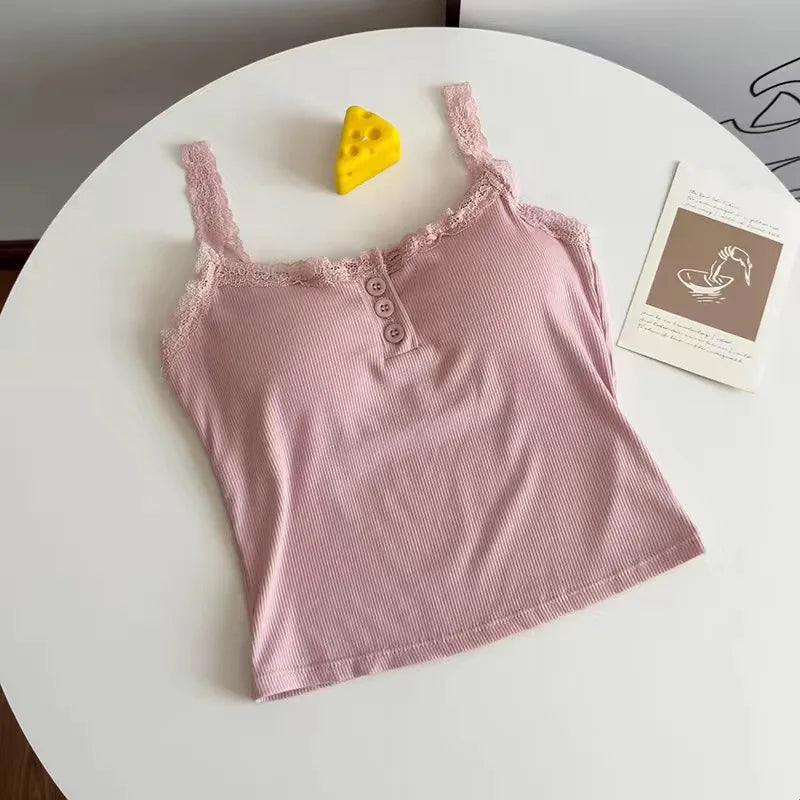 Women’s Sexy Lace Cropped Top – Sleeveless Camisole with Built-In Cups