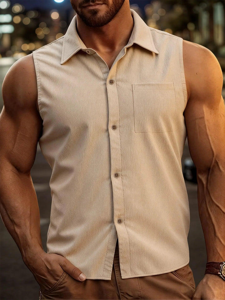 Mens Fashion Casual Sleeveless Shirts Men Turn-down Collar Buttoned Vest Shirt Summer Breathable Male Solid Color Tank Tops