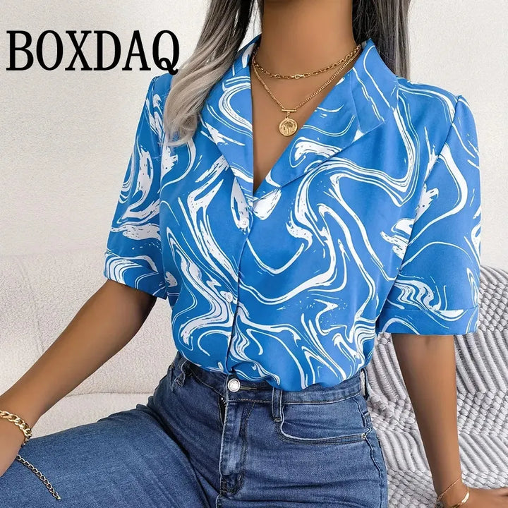 Shirt Fashion Color Matching Printed V-Neck Shirt Ladies Casual Elegant Women Blouse Summer Ladies Hawaiian Vacation Shirts 2025