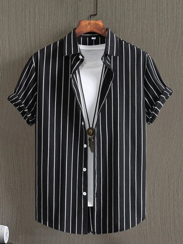 Alternating Striped men's Shirts Summer Minimalist Shirts Beach Casual Style Short Sleeved Shirt Men's Hawaii Vacation Shirt