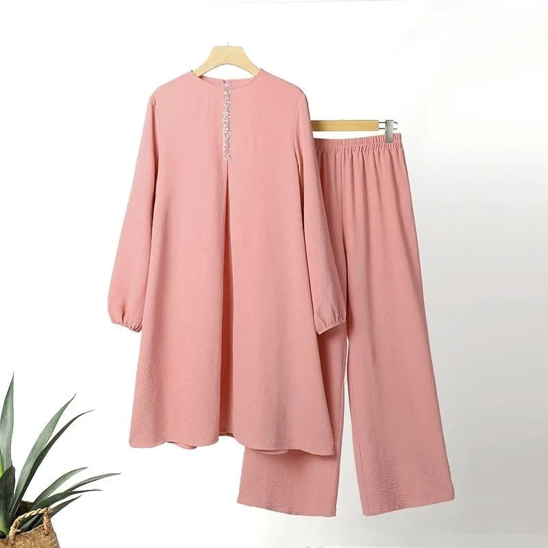 Casual Muslim Dress for Women Blouse 2 Piece Set Long Sleeve Shirt Wide Leg Pant Suits Saudi Arabic Dubai Dresses Autumn 2023