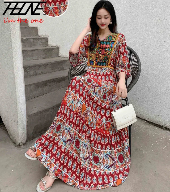 Women’s Indian Summer Dress – Embroidered Elegant Maxi Party & Beach Dress