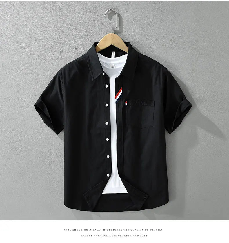 Men's 100% Cotton Short-Sleeve Shirt – Classic Turn-Down Collar, Slim Fit with Chest Pocket & Striped Detail