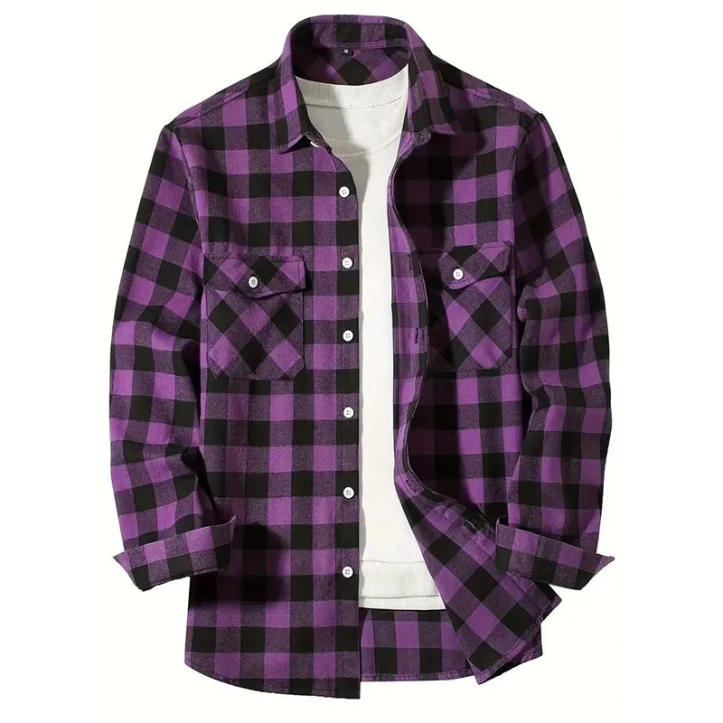 Mens Shirts Fashion Classic Plaid Cardigan Casual Shirt Long Sleeve Chest Two Pockets Turn-Down Collar Spring Autumn Men Tops